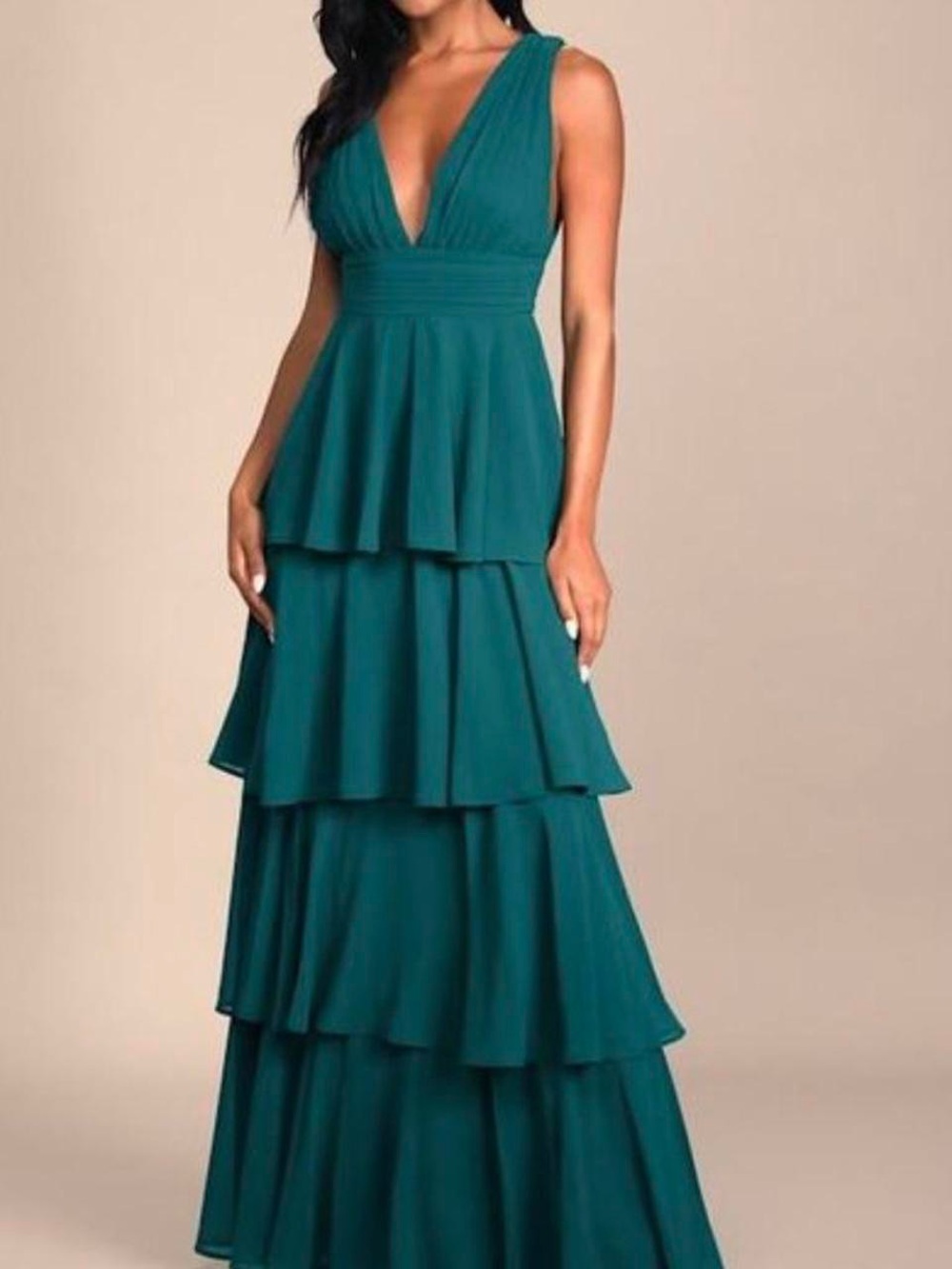 Lulu's Teal Tiered V-Neck Maxi Dress